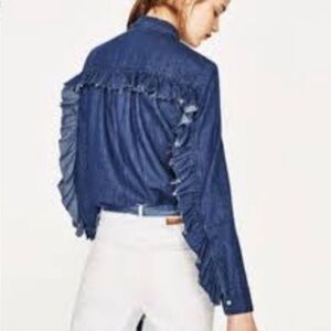 ZARA Trafaluc Blue Jean button down ruffled shoulders-arms top